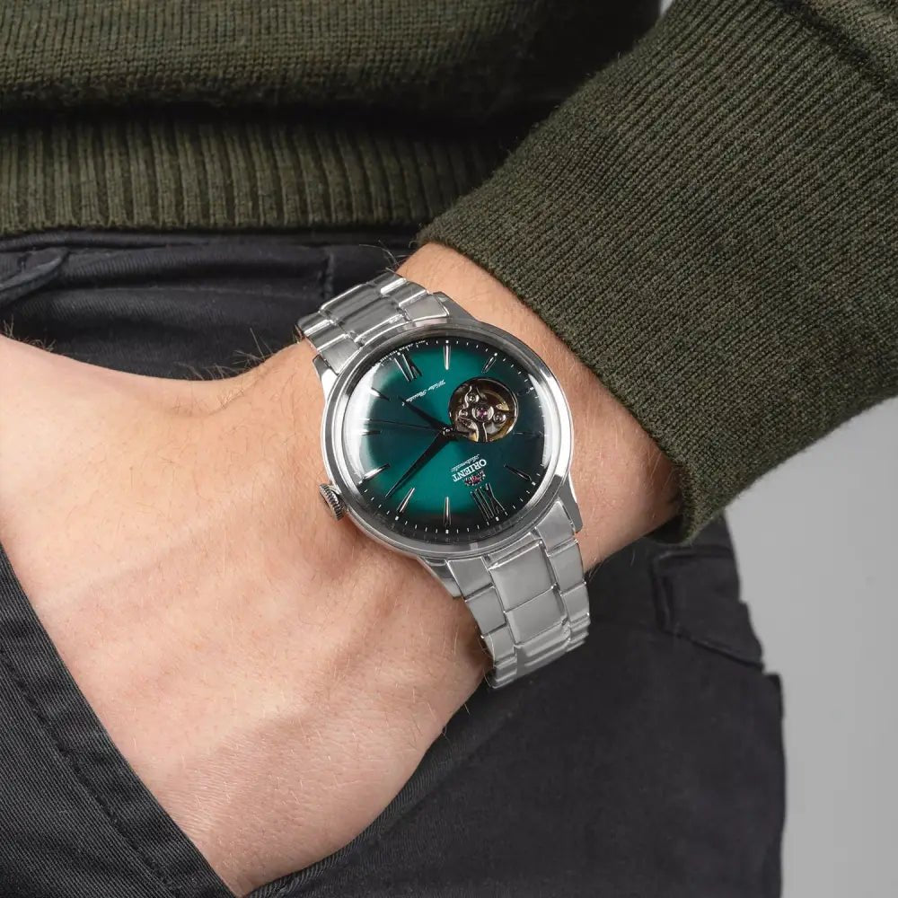 Orient-Orient Bambino RA-AG0026E Open Heart Automatic Green Gradient Dial Stainless Steel Men's Watch-Wristbear-2