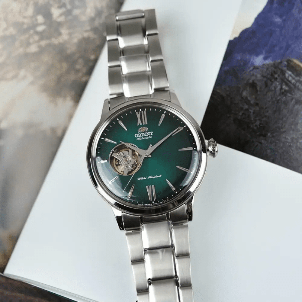 Orient-Orient Bambino RA-AG0026E Open Heart Automatic Green Gradient Dial Stainless Steel Men's Watch-Wristbear-3