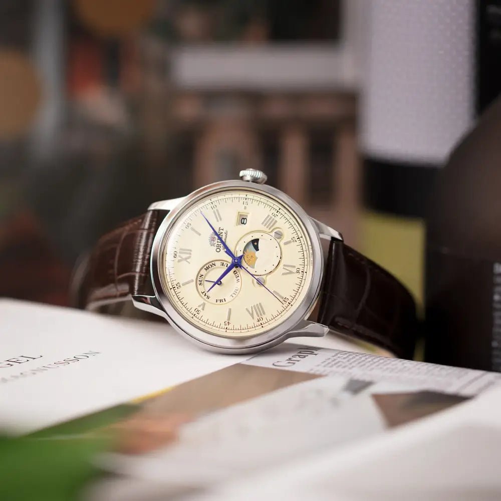 Orient-Orient Bambino Sun & Moon RA-AK0803Y Automatic Ivory Dial Brown Leather Men's Watch-Wristbear-3