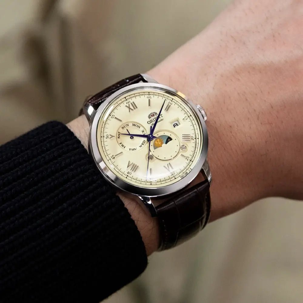 Orient-Orient Bambino Sun & Moon RA-AK0803Y Automatic Ivory Dial Brown Leather Men's Watch-Wristbear-4
