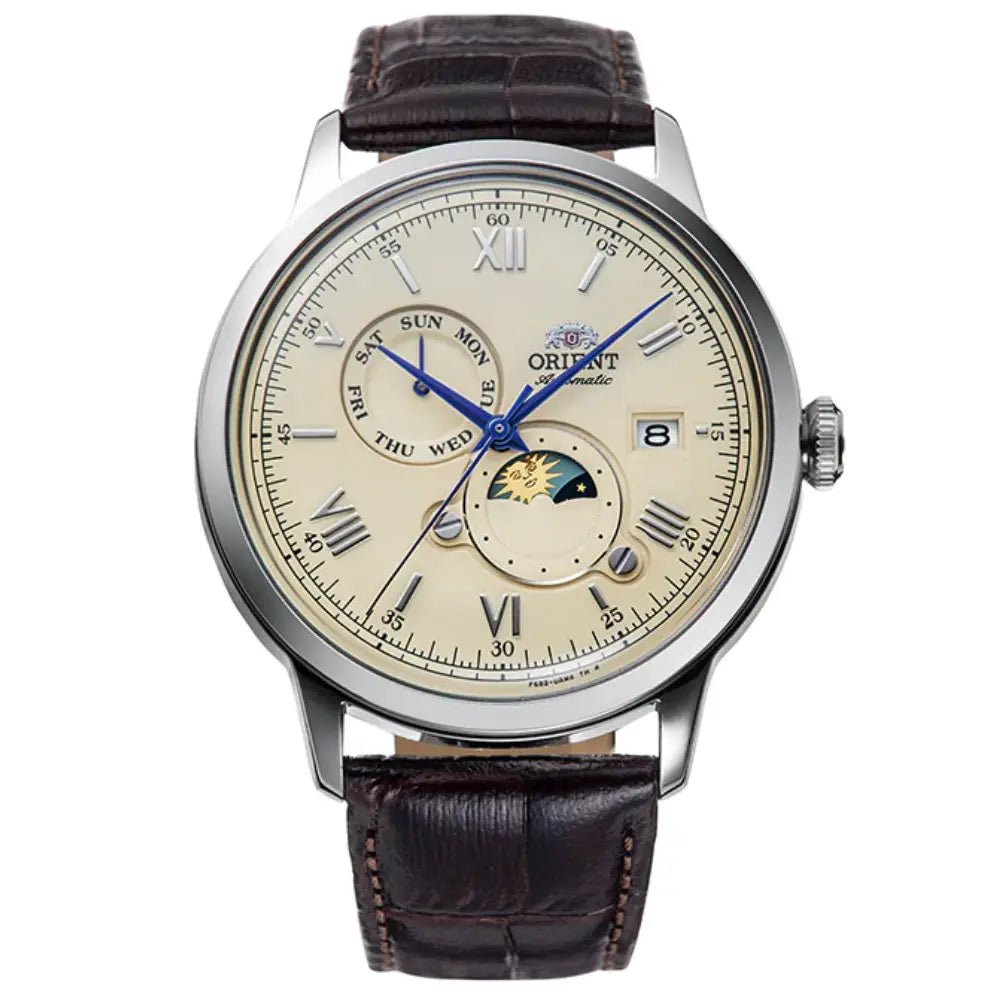Orient-Orient Bambino Sun & Moon RA-AK0803Y Automatic Ivory Dial Brown Leather Men's Watch-Wristbear-1