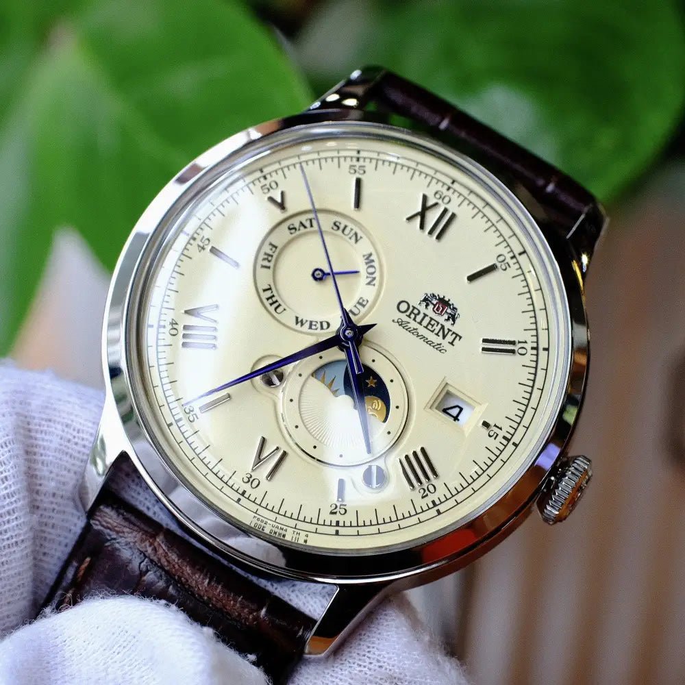 Orient-Orient Bambino Sun & Moon RA-AK0803Y Automatic Ivory Dial Brown Leather Men's Watch-Wristbear-2