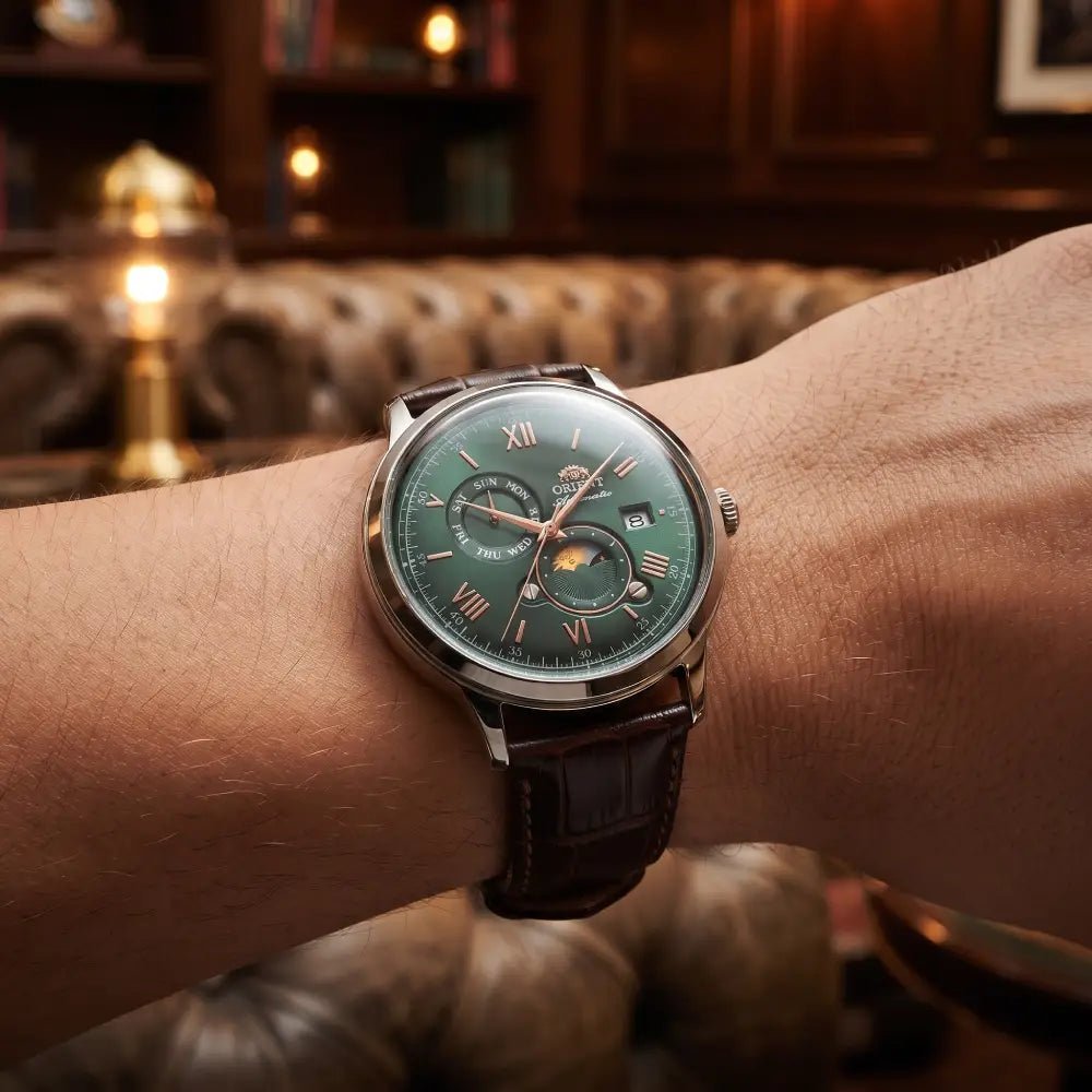 Orient-Orient Bambino Sun & Moon RA-AK0805E Automatic Green Dial Leather Strap Men's Watch-Wristbear-2