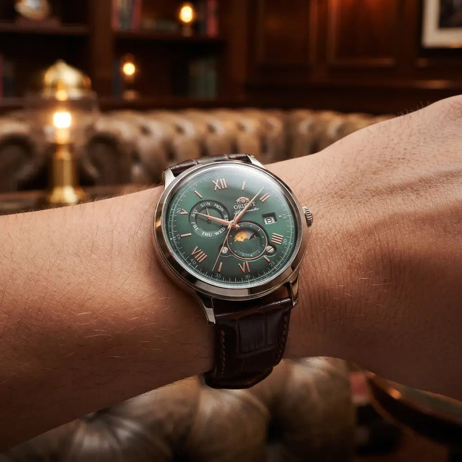 Orient-Orient Bambino Sun & Moon RA-AK0805E Automatic Green Dial Leather Strap Men's Watch-Wristbear-2