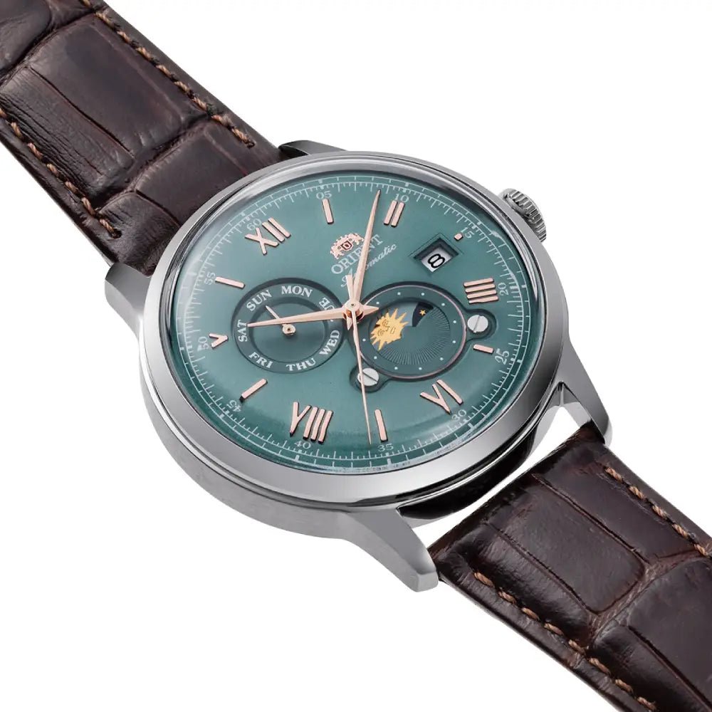 Orient-Orient Bambino Sun & Moon RA-AK0805E Automatic Green Dial Leather Strap Men's Watch-Wristbear-3