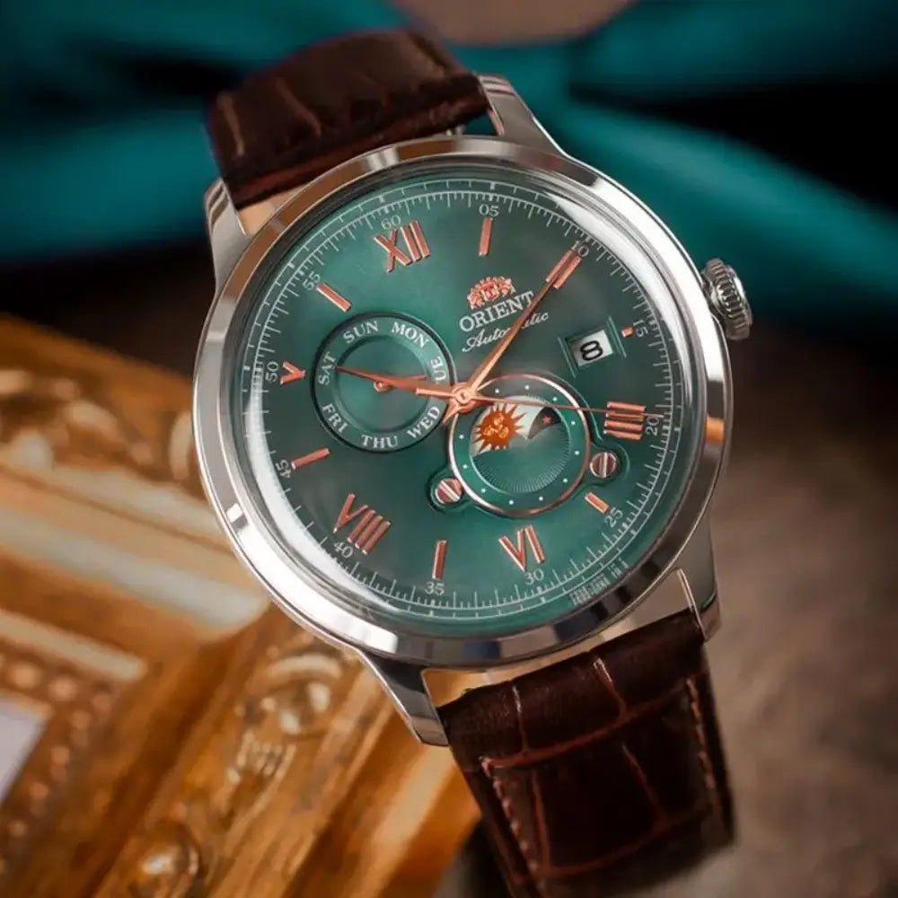 Orient-Orient Bambino Sun & Moon RA-AK0805E Automatic Green Dial Leather Strap Men's Watch-Wristbear-4
