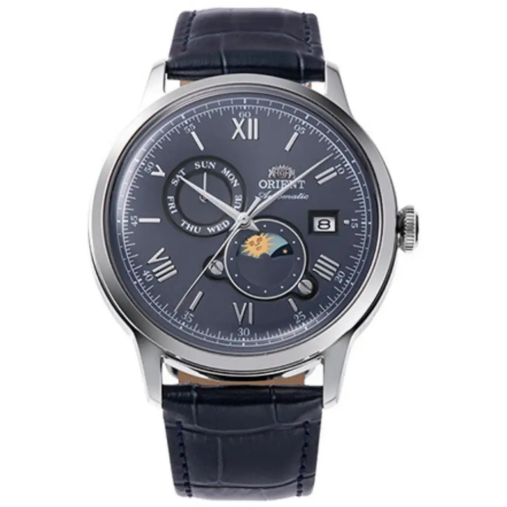 Orient-Orient Bambino Sun & Moon RA-AK0806L Automatic Navy Blue Dial Leather Strap Men’s Watch-Wristbear-1