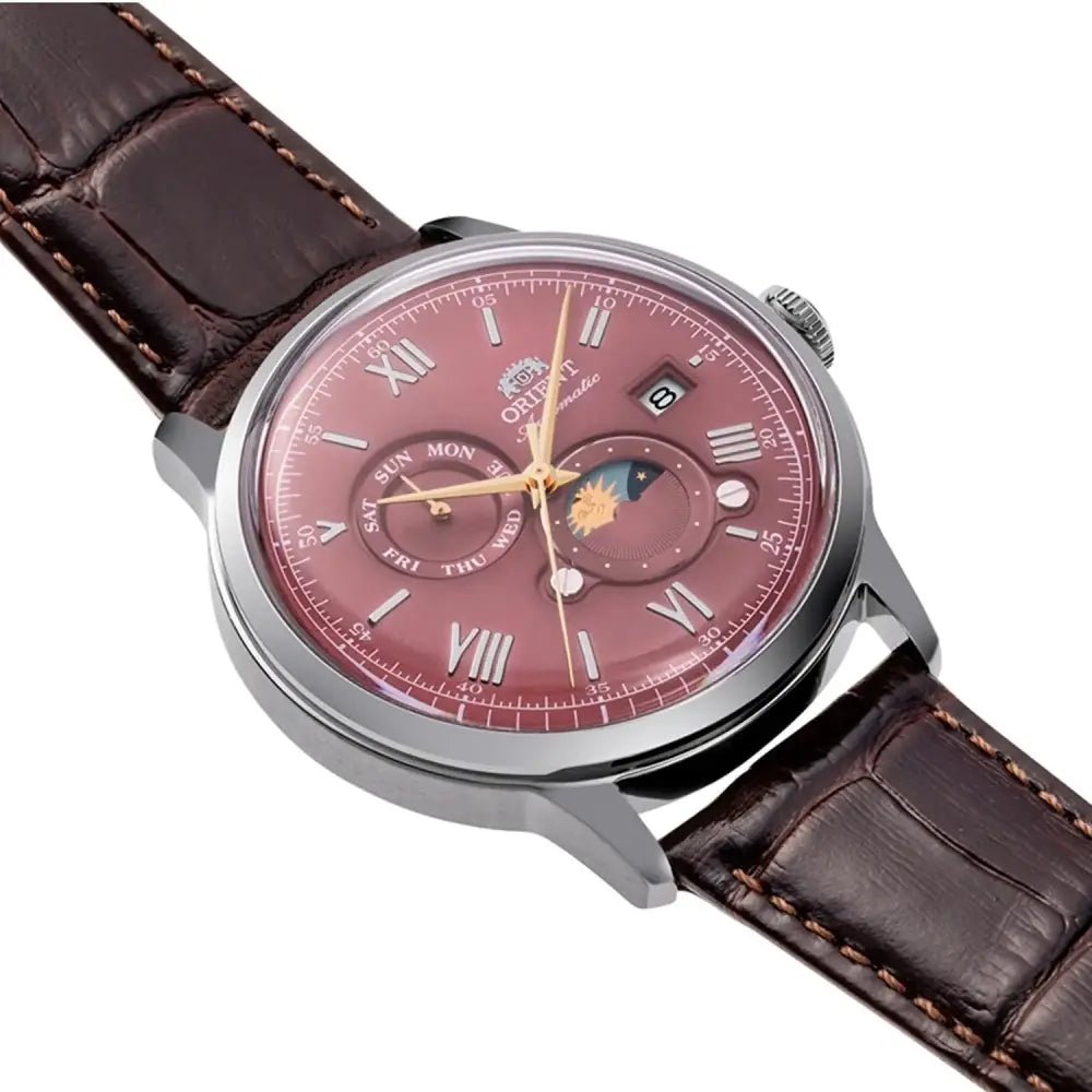Orient-Orient Bambino Sun & Moon RA-AK0807R Automatic Bordeaux Dial Leather Strap Men's Watch-Wristbear-3