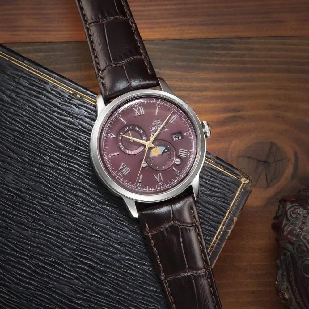 Orient-Orient Bambino Sun & Moon RA-AK0807R Automatic Bordeaux Dial Leather Strap Men's Watch-Wristbear-2