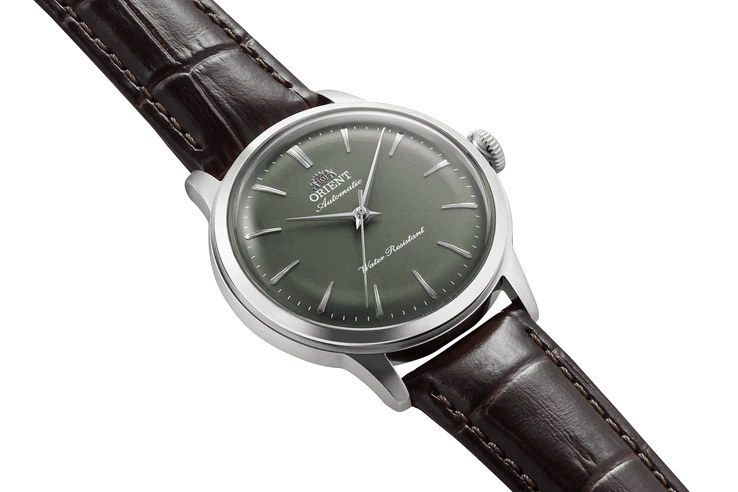Orient RA-BB0102E, green dial, silver-tone case, brown leather strap - angled dial and strap view