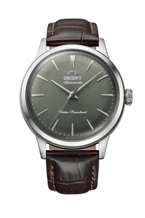 Orient RA-BB0102E, green dial, silver-tone case, brown leather strap - front cover