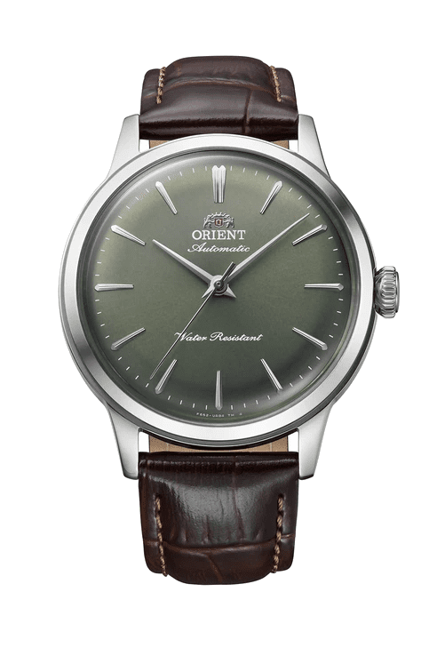 Orient RA-BB0102E, green dial, silver-tone case, brown leather strap - front cover
