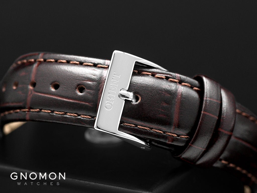 Orient RA-BB0104Y brown leather strap and buckle detail