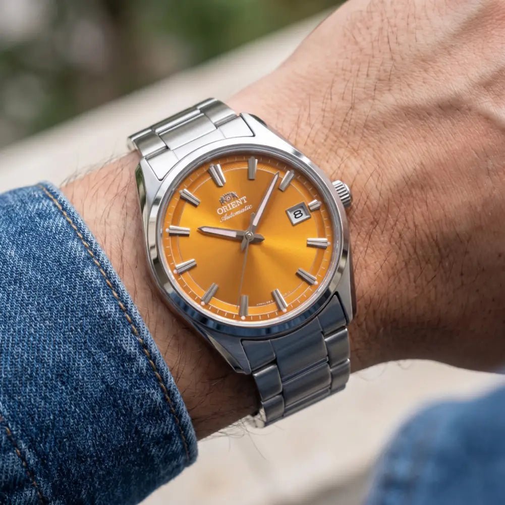 Orient-Orient Contemporary Stretto Date Limited Edition RA-AC0R08Y Automatic Orange Sunburst Dial Steel Men's -Wristbear-2
