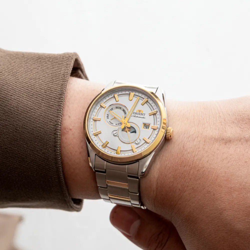 Orient-Orient Contemporary Stretto Sun & Moon RA-AK0312S Automatic White Sunburst Dial Two-Tone Steel Men's Watch-Wristbear-2