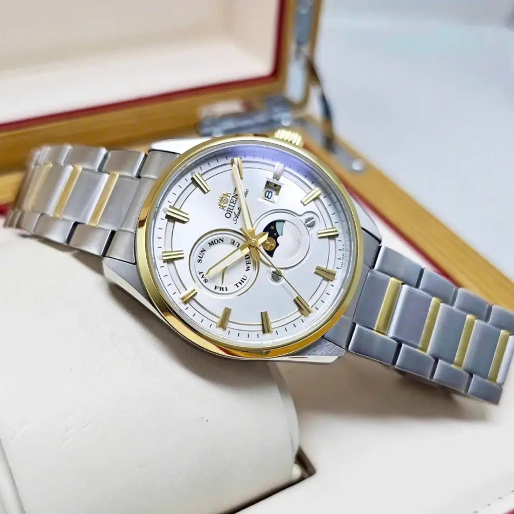 Orient-Orient Contemporary Stretto Sun & Moon RA-AK0312S Automatic White Sunburst Dial Two-Tone Steel Men's Watch-Wristbear-3