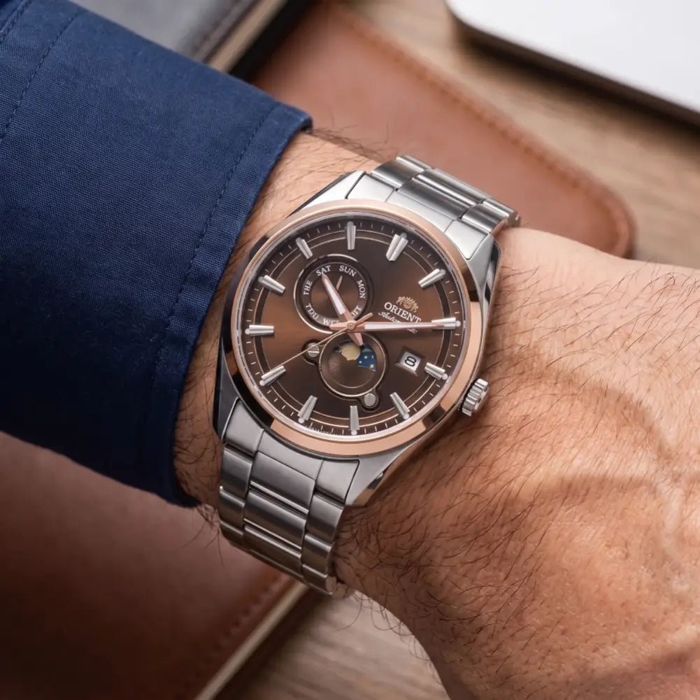 Orient-Orient Contemporary Stretto Sun & Moon RA-AK0313Y Automatic Brown Sunburst Dial Steel Men's Watch-Wristbear-2