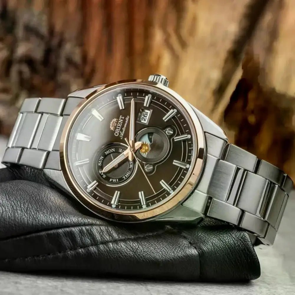 Orient-Orient Contemporary Stretto Sun & Moon RA-AK0313Y Automatic Brown Sunburst Dial Steel Men's Watch-Wristbear-3