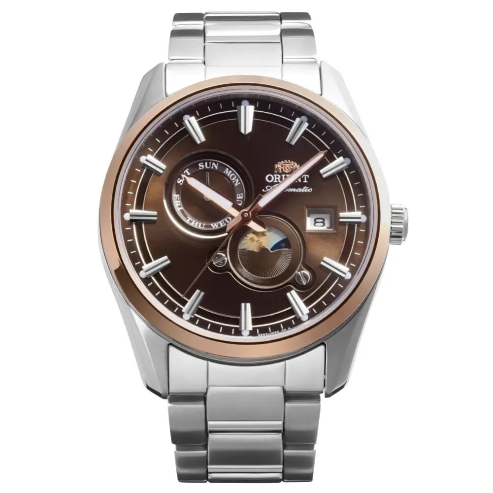 Orient-Orient Contemporary Stretto Sun & Moon RA-AK0313Y Automatic Brown Sunburst Dial Steel Men's Watch-Wristbear-1