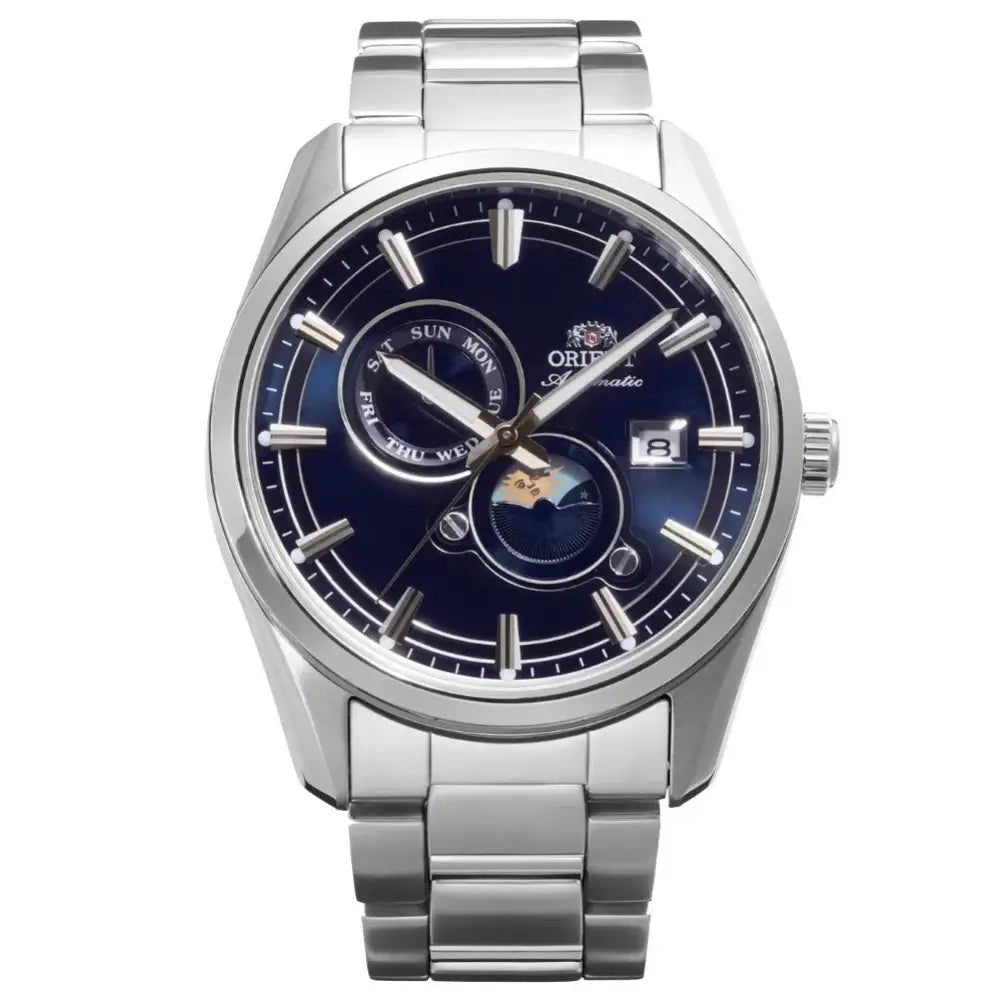 Orient-Orient Contemporary Stretto Sun & Moon RA-AK0315L Automatic Blue Sunburst Dial Stainless Steel Men's Watch-Wristbear-1