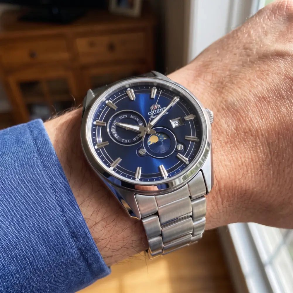 Orient-Orient Contemporary Stretto Sun & Moon RA-AK0315L Automatic Blue Sunburst Dial Stainless Steel Men's Watch-Wristbear-2