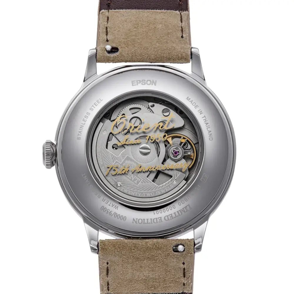 Orient-Orient RA-AC0027S 75th Anniversary Limited Edition Automatic White Dial Beige Leather Men's Watch-Wristbear-7