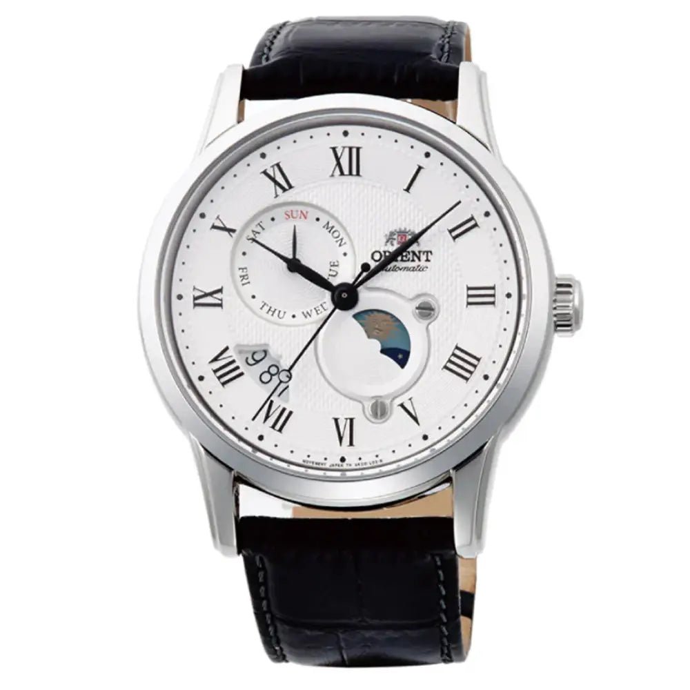 Orient-Orient Sun & Moon RA-AK0008S Automatic White Dial Black Leather Strap Men’s Watch-Wristbear-1