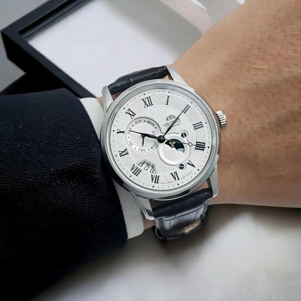 Orient-Orient Sun & Moon RA-AK0008S Automatic White Dial Black Leather Strap Men’s Watch-Wristbear-2