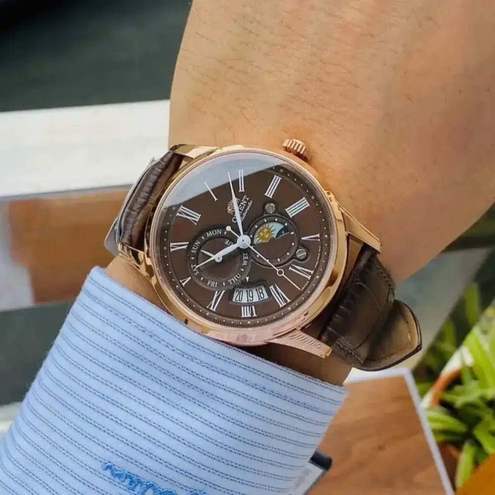 Orient-Orient Sun & Moon RA-AK0009T Automatic Brown Dial Rose Gold Leather Strap Men's Watch-Wristbear-2
