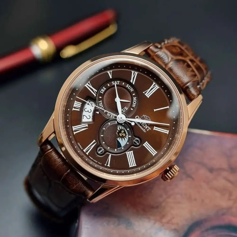 Orient-Orient Sun & Moon RA-AK0009T Automatic Brown Dial Rose Gold Leather Strap Men's Watch-Wristbear-3