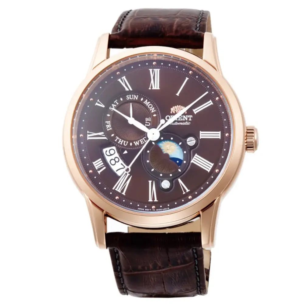 Orient-Orient Sun & Moon RA-AK0009T Automatic Brown Dial Rose Gold Leather Strap Men's Watch-Wristbear-1