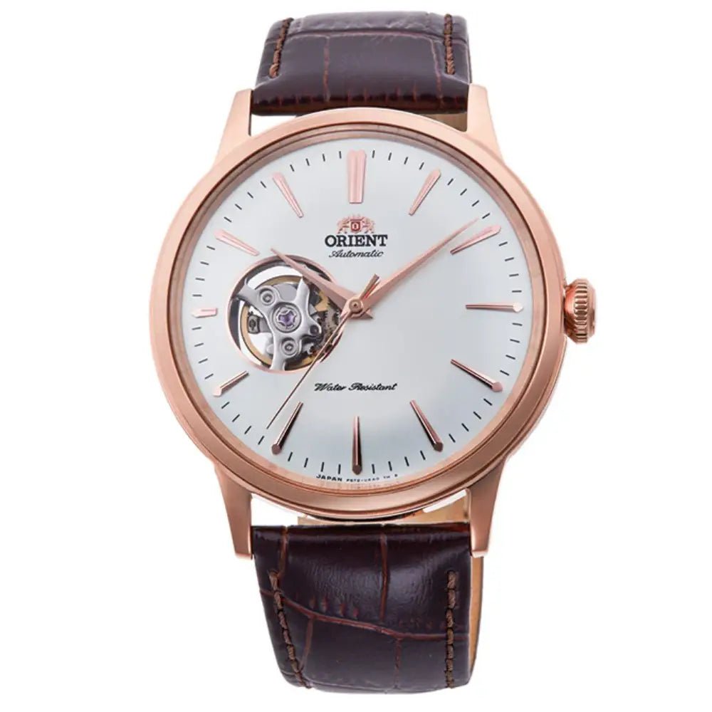 Orient-Orient Bambino Open Heart RA-AG0001S Automatic White Dial Rose Gold-Tone Leather Strap Men’s Watch-Wristbear-1