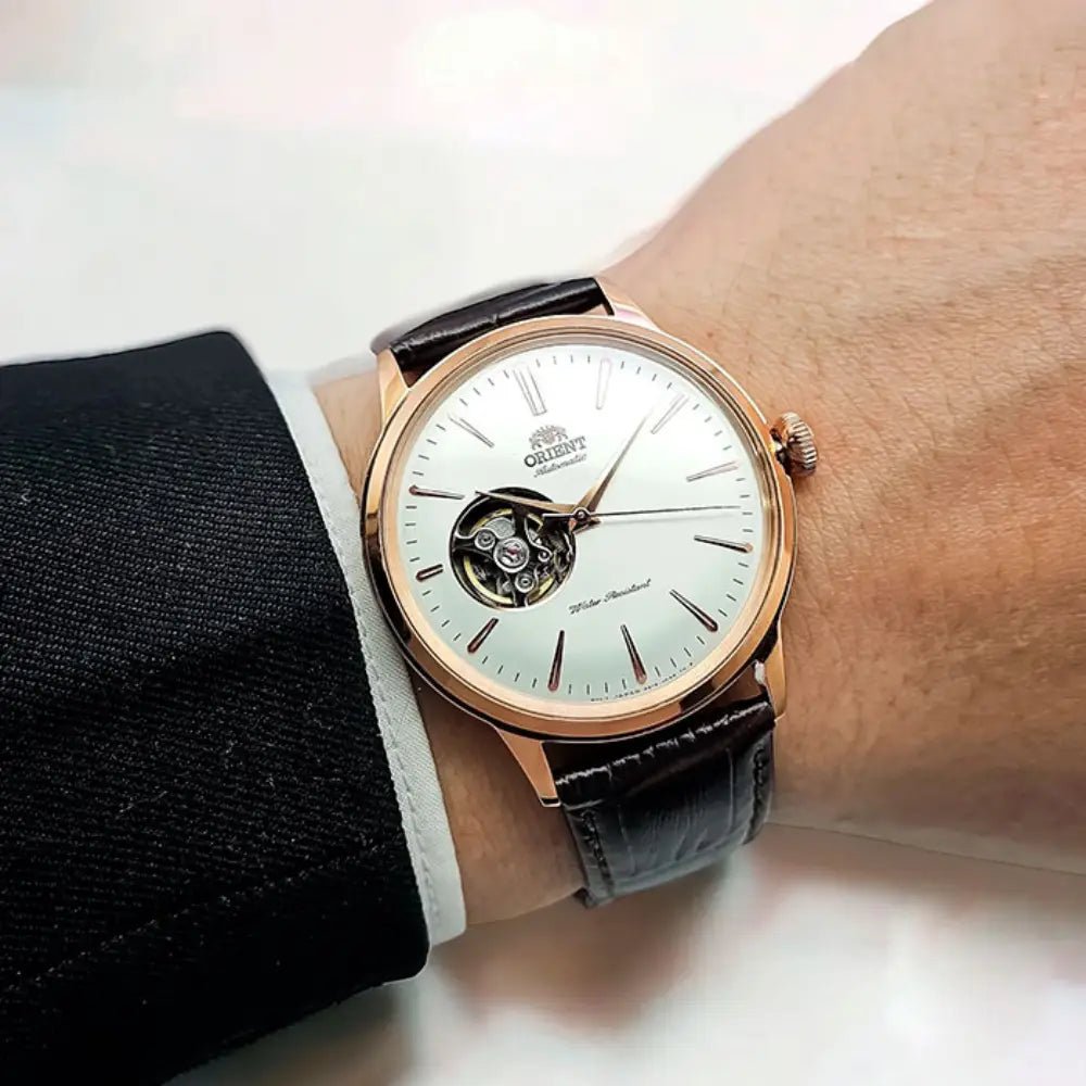 Orient-Orient Bambino Open Heart RA-AG0001S Automatic White Dial Rose Gold-Tone Leather Strap Men’s Watch-Wristbear-4