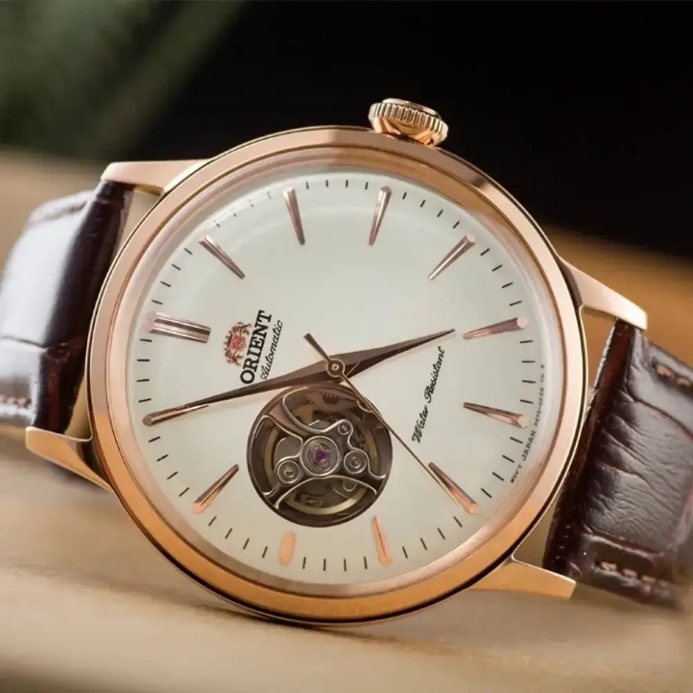 Orient-Orient Bambino Open Heart RA-AG0001S Automatic White Dial Rose Gold-Tone Leather Strap Men’s Watch-Wristbear-3