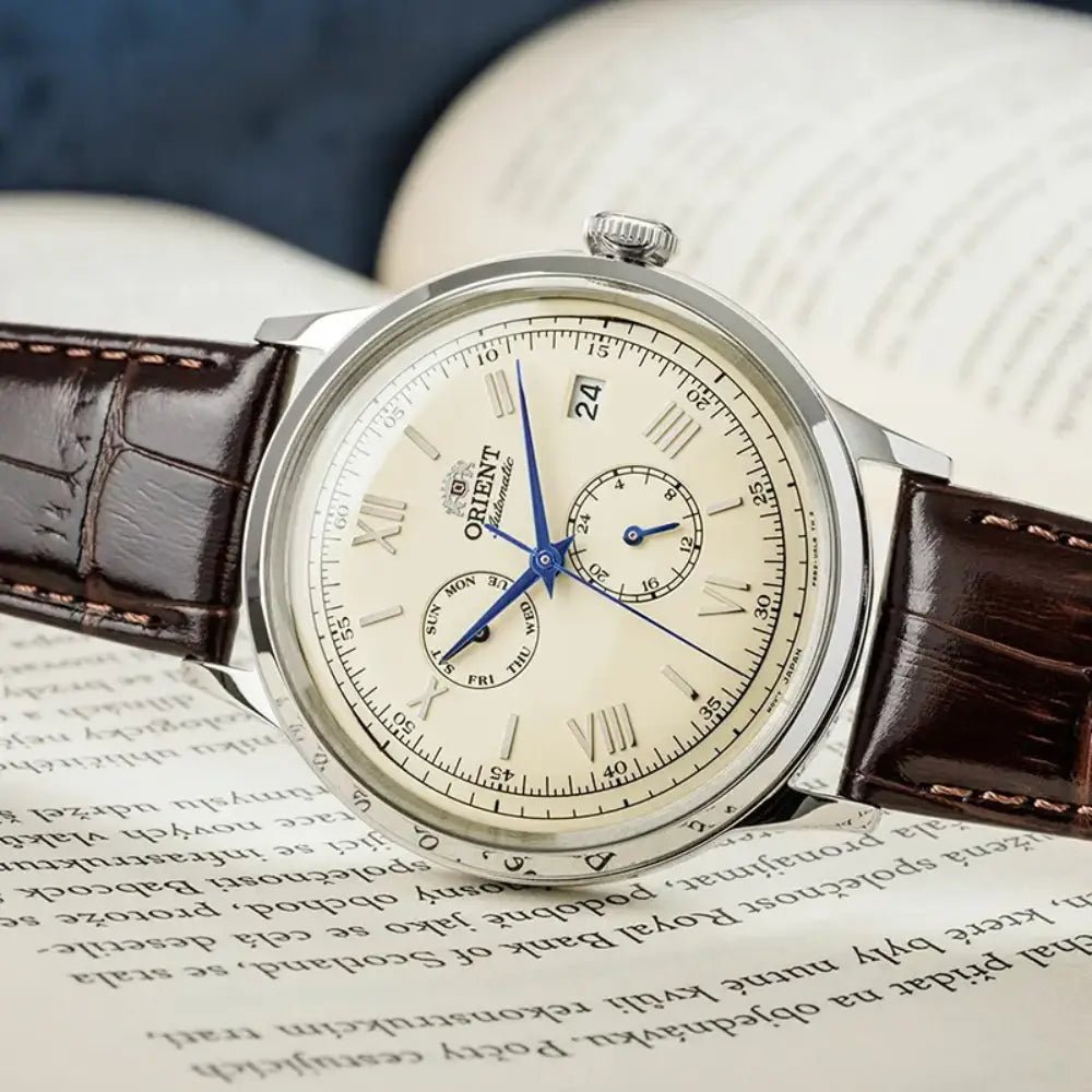 Orient Bambino RA-AK0702Y Automatic Multi-Dial Ivory Roman Dial Leather Strap Men’s Watch - shop_name OrientRA-AK0702Y