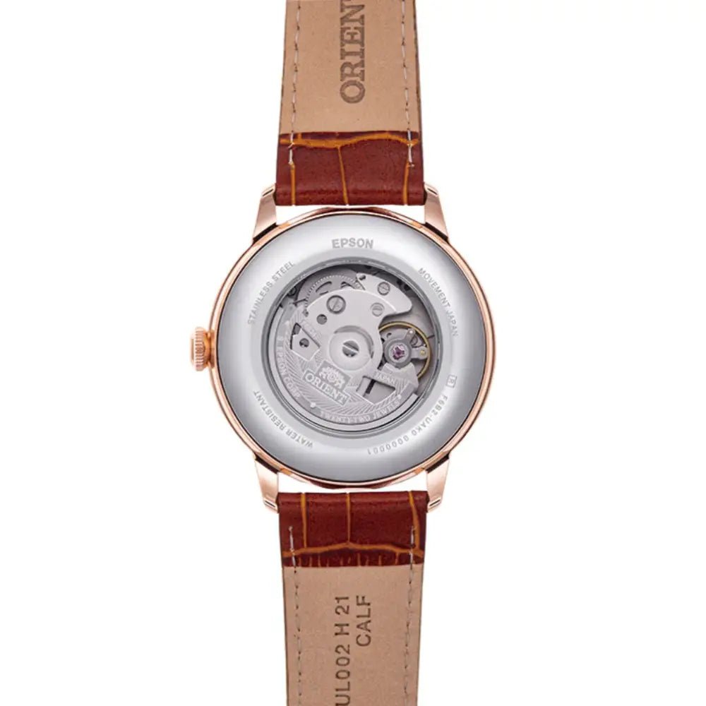 Orient-Orient Bambino Sun & Moon RA-AK0801S Automatic White Dial Rose Gold-Tone Leather Strap Men’s Watch-Wristbear-4