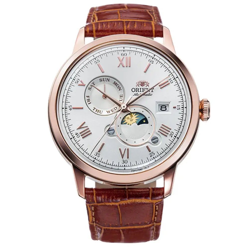 Orient-Orient Bambino Sun & Moon RA-AK0801S Automatic White Dial Rose Gold-Tone Leather Strap Men’s Watch-Wristbear-1