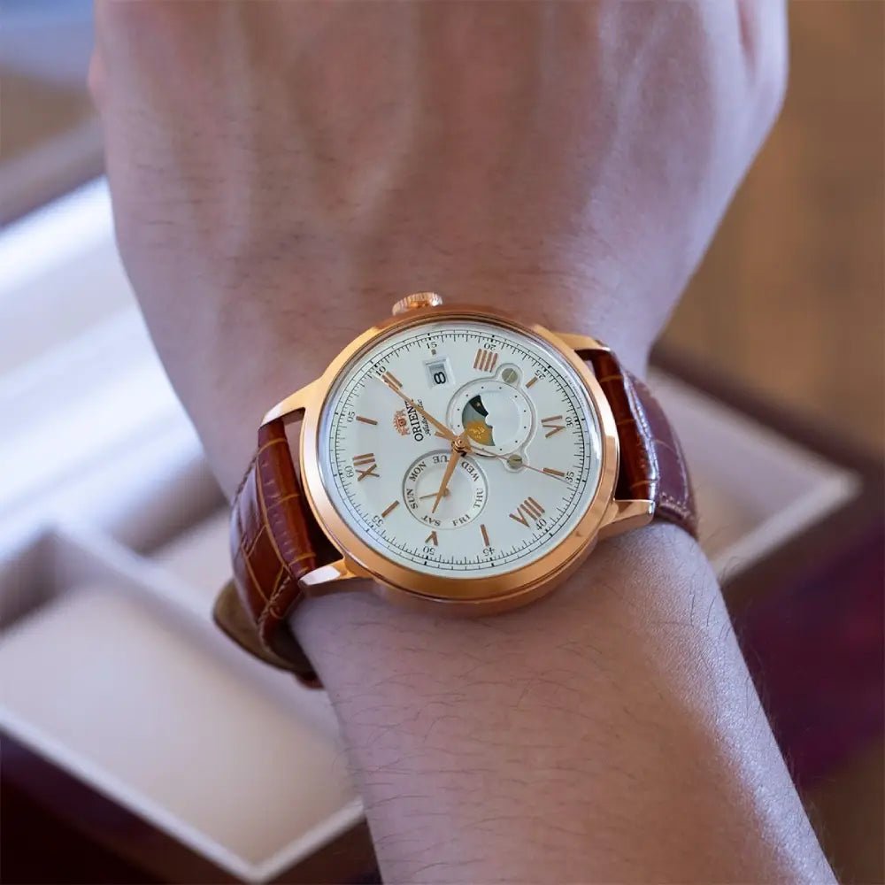 Orient-Orient Bambino Sun & Moon RA-AK0801S Automatic White Dial Rose Gold-Tone Leather Strap Men’s Watch-Wristbear-2