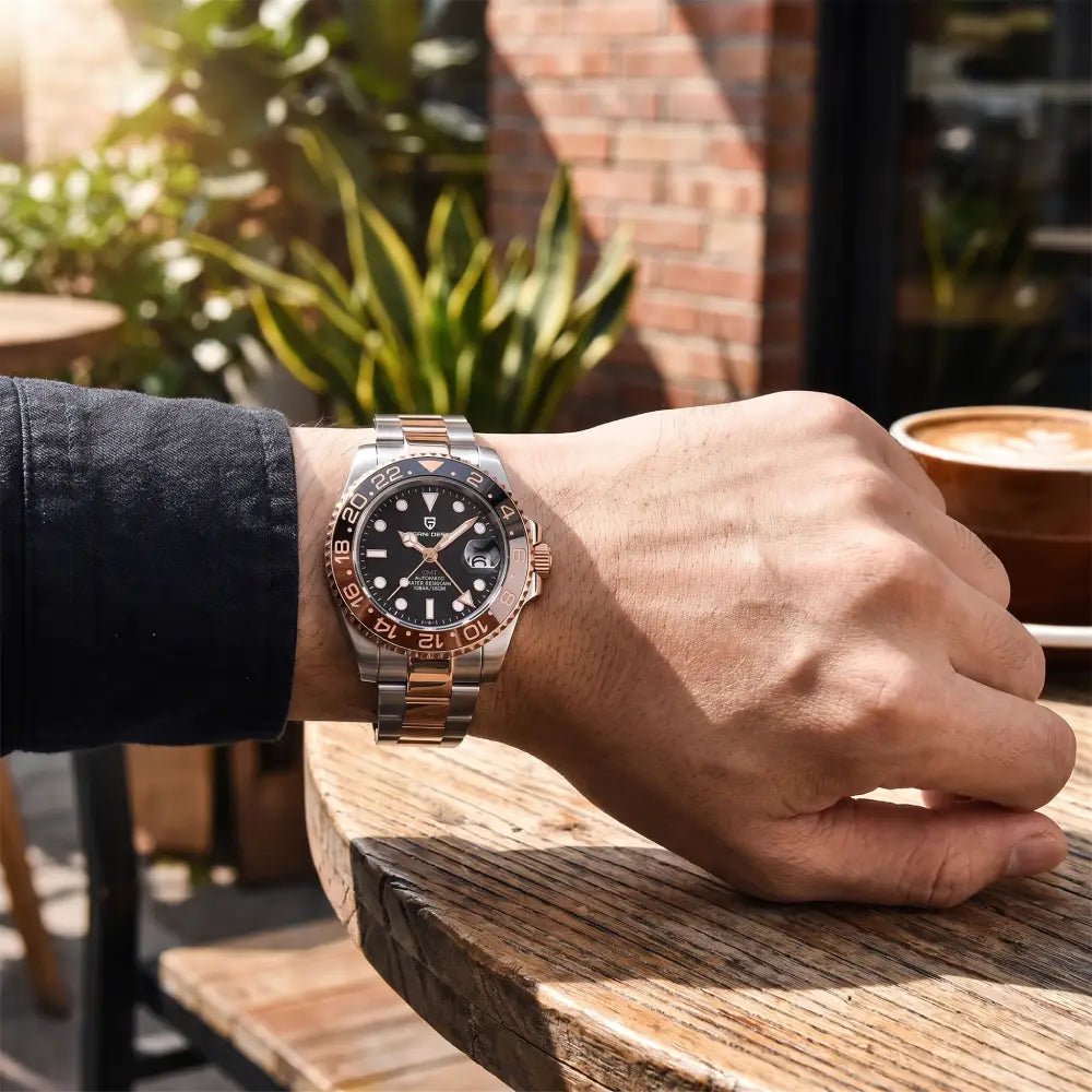 Pagani Design-Pagani Design GMT PD-1662 Rose Gold Black Dial Oyster Bracelet Men's Watch-Wristbear-2