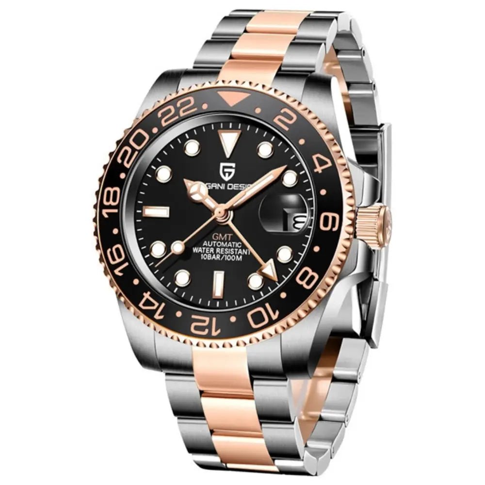 Pagani Design-Pagani Design GMT PD-1662 Rose Gold Black Dial Oyster Bracelet Men's Watch-Wristbear-1
