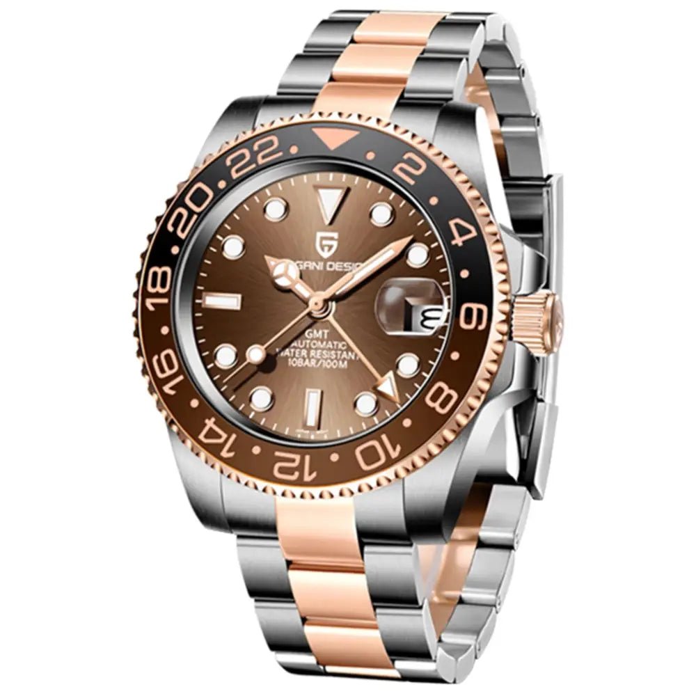 Pagani Design-Pagani Design GMT PD-1662 Rose Gold Brown Dial Oyster Bracelet Men's Watch-Wristbear-1