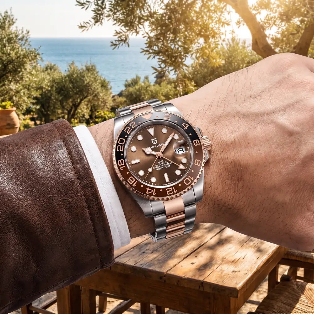 Pagani Design-Pagani Design GMT PD-1662 Rose Gold Brown Dial Oyster Bracelet Men's Watch-Wristbear-2
