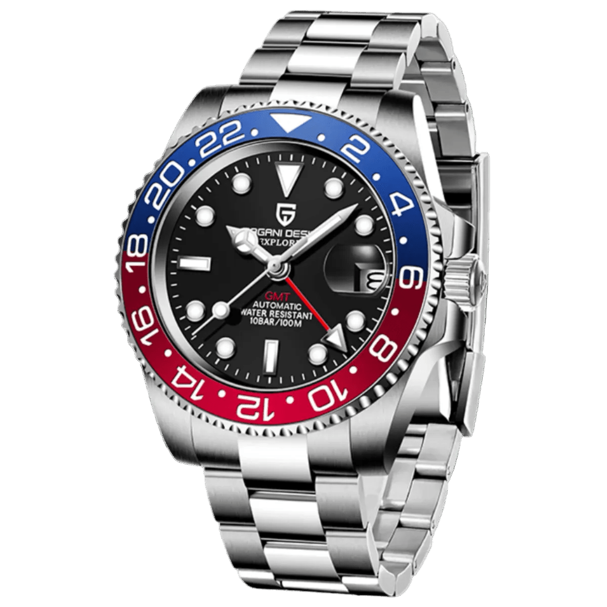 Pagani Design PD-1662 Pepsi GMT black dial with blue-red bezel and stainless steel Oyster bracelet