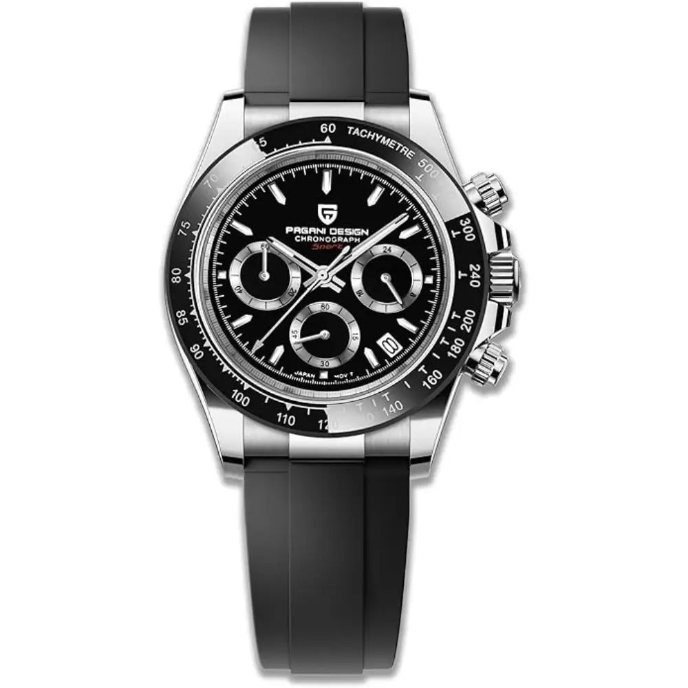 Pagani Design-Pagani Design PD-1644 Chronograph Quartz Black Dial Black Rubber Strap Men's Watch-Wristbear-1