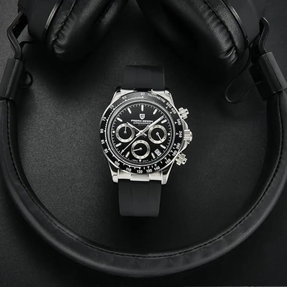 Pagani Design-Pagani Design PD-1644 Chronograph Quartz Black Dial Black Rubber Strap Men's Watch-Wristbear-3