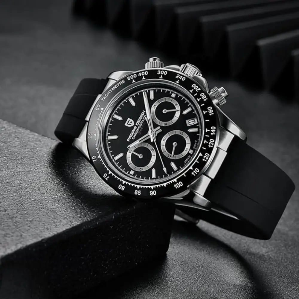 Pagani Design-Pagani Design PD-1644 Chronograph Quartz Black Dial Black Rubber Strap Men's Watch-Wristbear-5