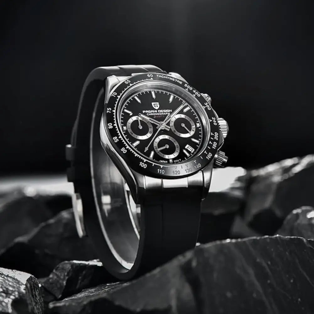 Pagani Design-Pagani Design PD-1644 Chronograph Quartz Black Dial Black Rubber Strap Men's Watch-Wristbear-4
