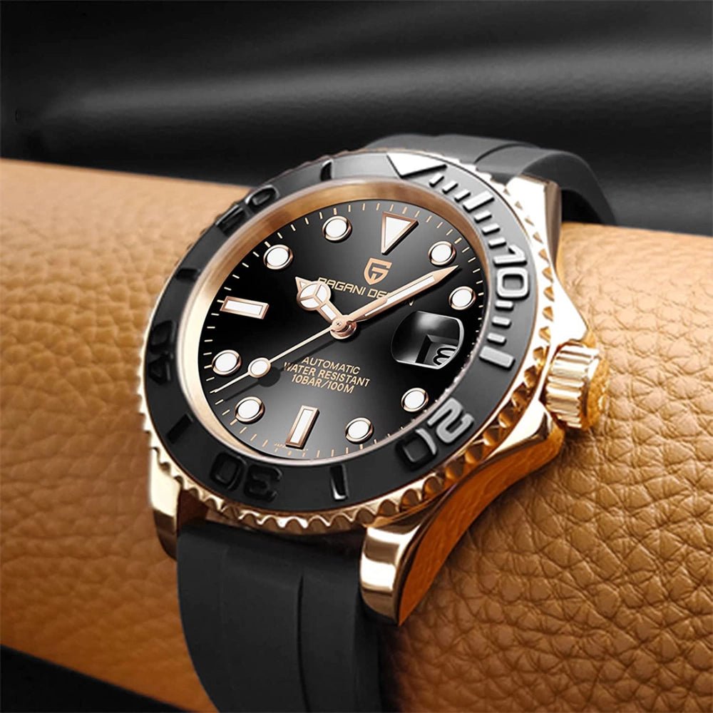 Pagani Design-Pagani Design PD-1651 Automatic Rose Gold Black Dial Rubber Strap Men's Watch-Wristbear-3