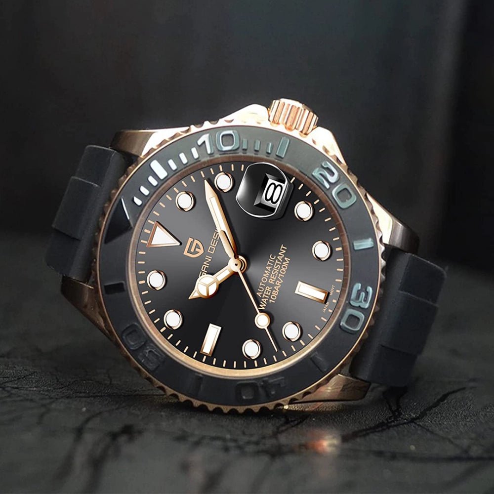 Pagani Design-Pagani Design PD-1651 Automatic Rose Gold Black Dial Rubber Strap Men's Watch-Wristbear-4