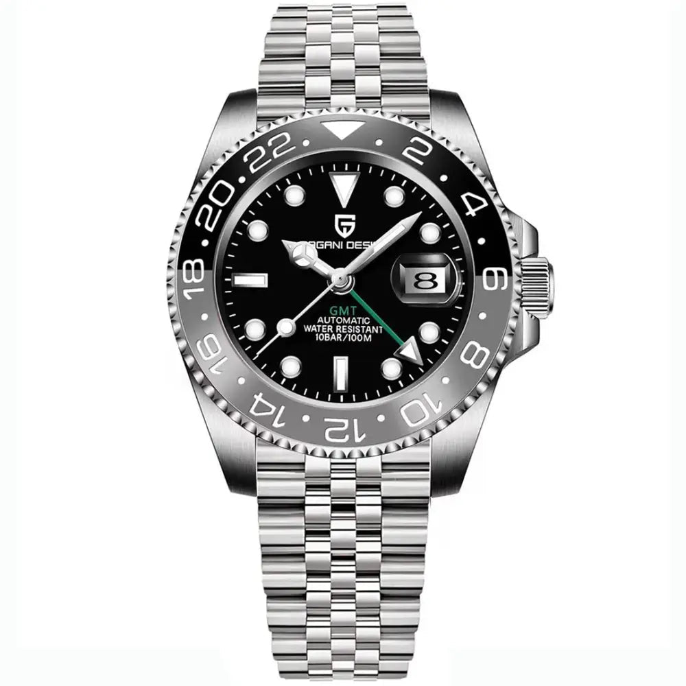 Pagani Design-Pagani Design PD-1662 Bruce Wayne GMT Automatic Black & Grey Bezel Stainless Steel Men's Watch-Wristbear-1